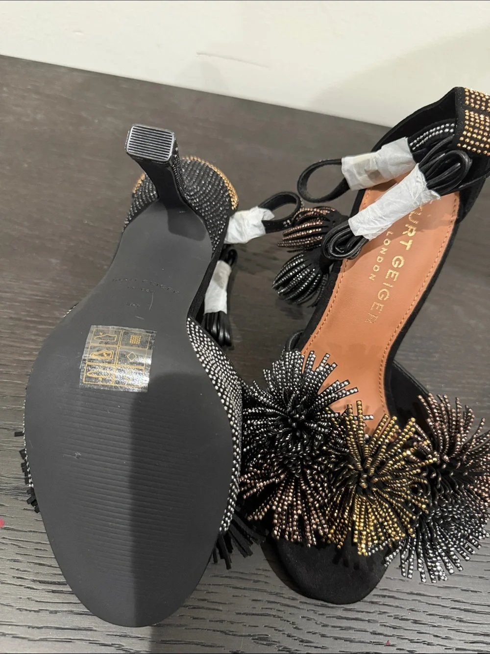 Kurt Geiger Black Heels with Gold-Beaded Pom-Poms